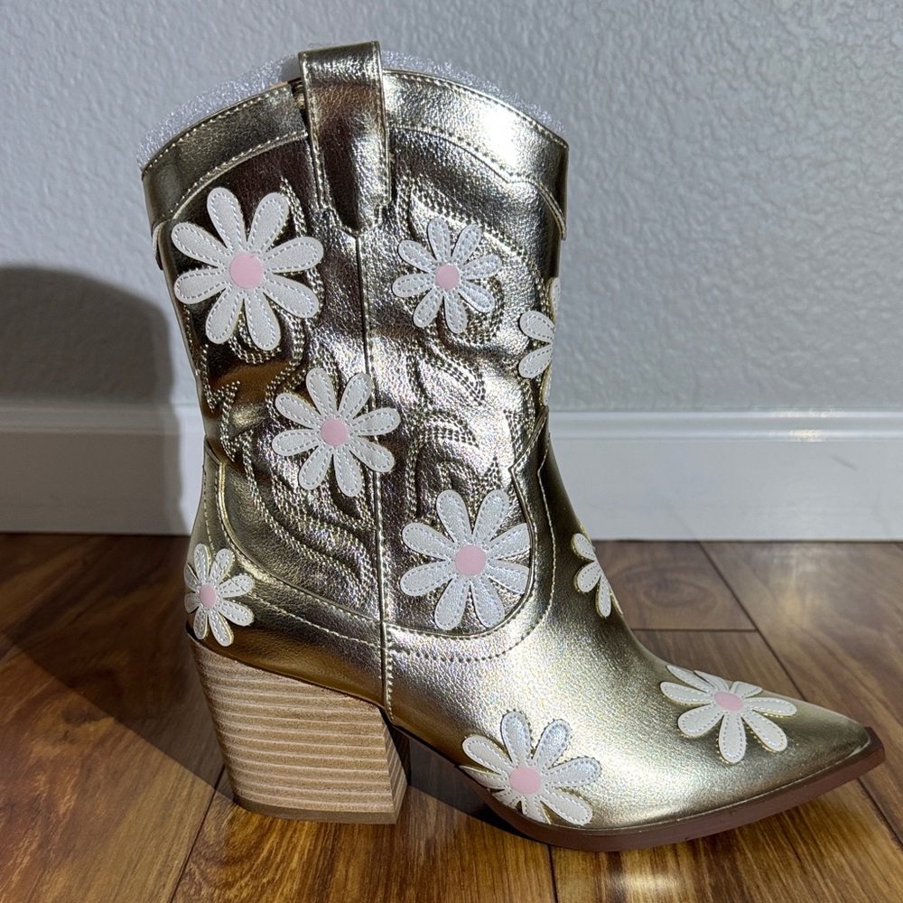 Betsey Johnson Women’s Teddy Gold Heeled Boots with Floral Design - Picture 1 of 13